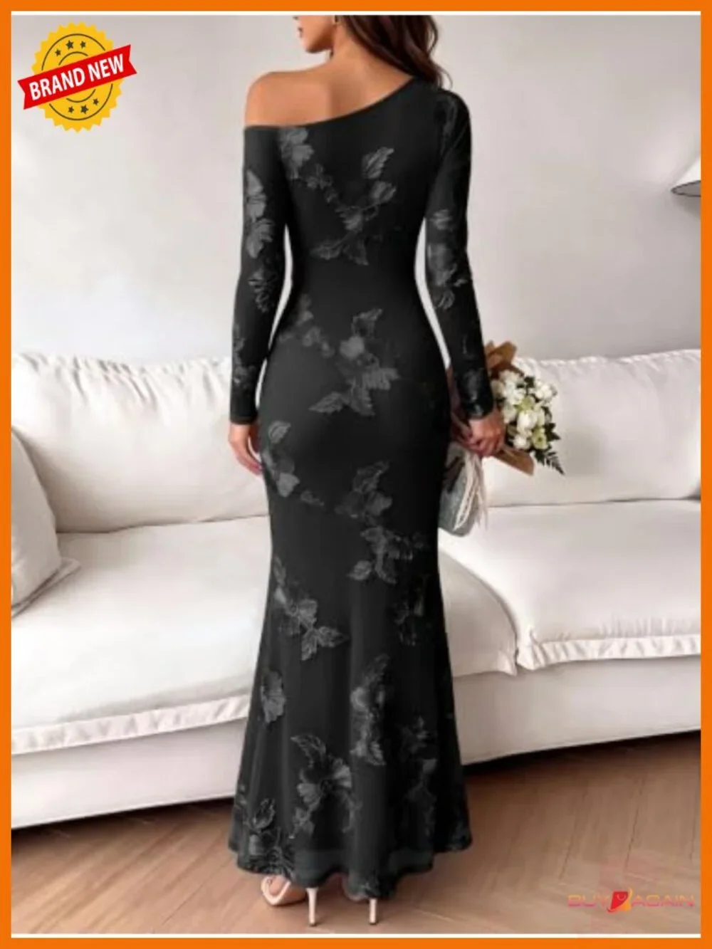 Caracilia One Shoulder Long Sleeve Floral Bodycon Maxi Dress Wedding Guest